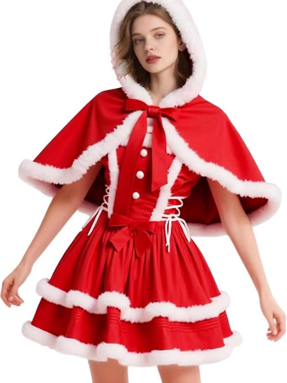 Festive Women's Christmas Dress with Skirt & Hooded Cloak Set - Holiday Outfit